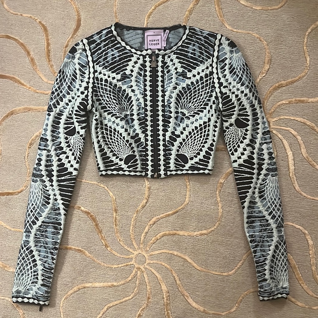Herve Leger | Blue Patterned Cropped Cardigan Small Elastic